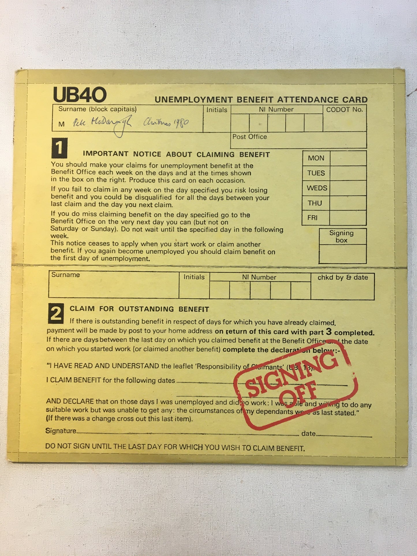 UB40 LP + 12” ; SIGNING OFF